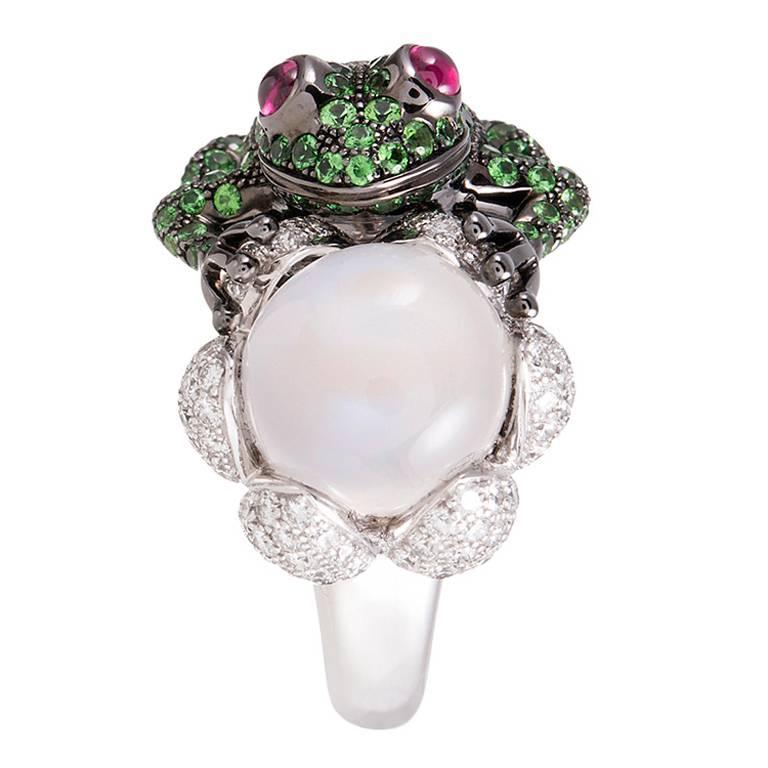 Boucheron Moonstone Garnet Diamond Gold Frog Ring