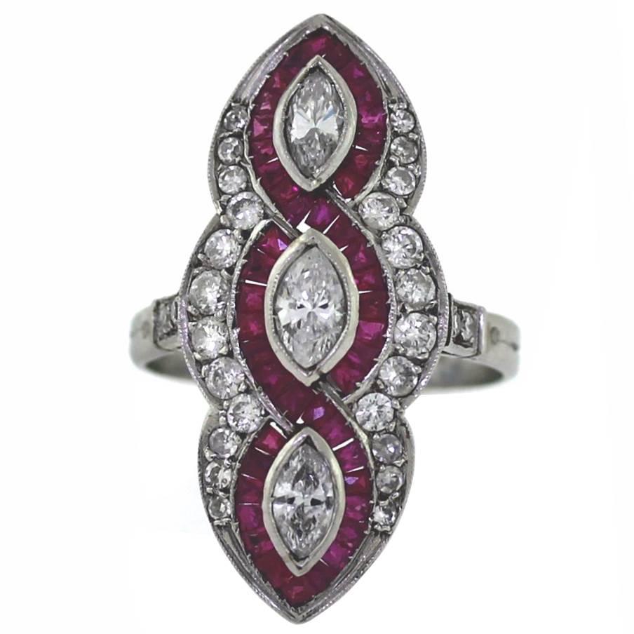 Elongated Ruby Diamond Platinum Ring 