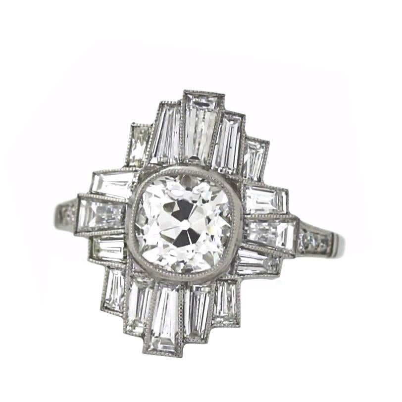 Art Deco Geometric 1.84 Carat Cushion and Baguette Diamonds Platinum Ring