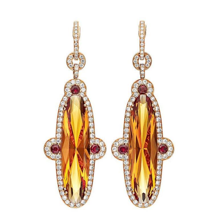 Orange Citrine Diamond Gold Earrings For Sale at 1stdibs