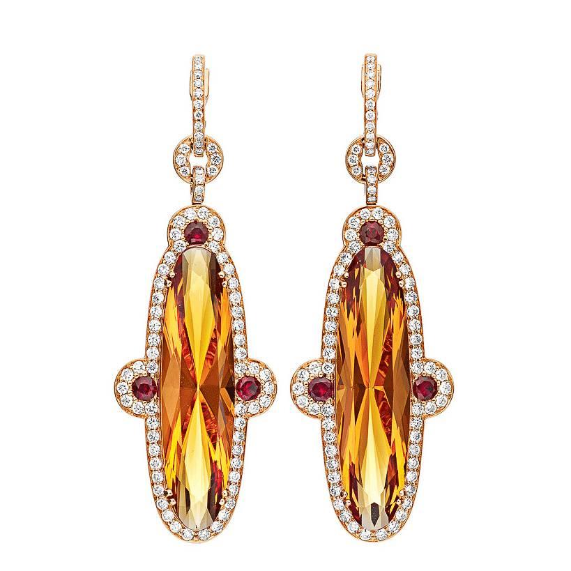 Orange Citrine and Diamond Gold Earrings