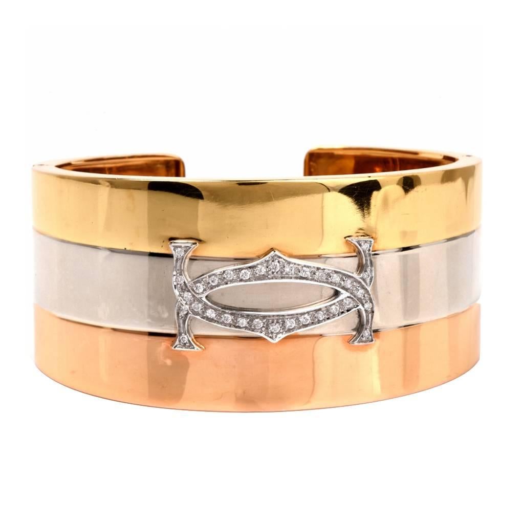Diamond Three Color Gold Wide Cuff Bangle Bracelet