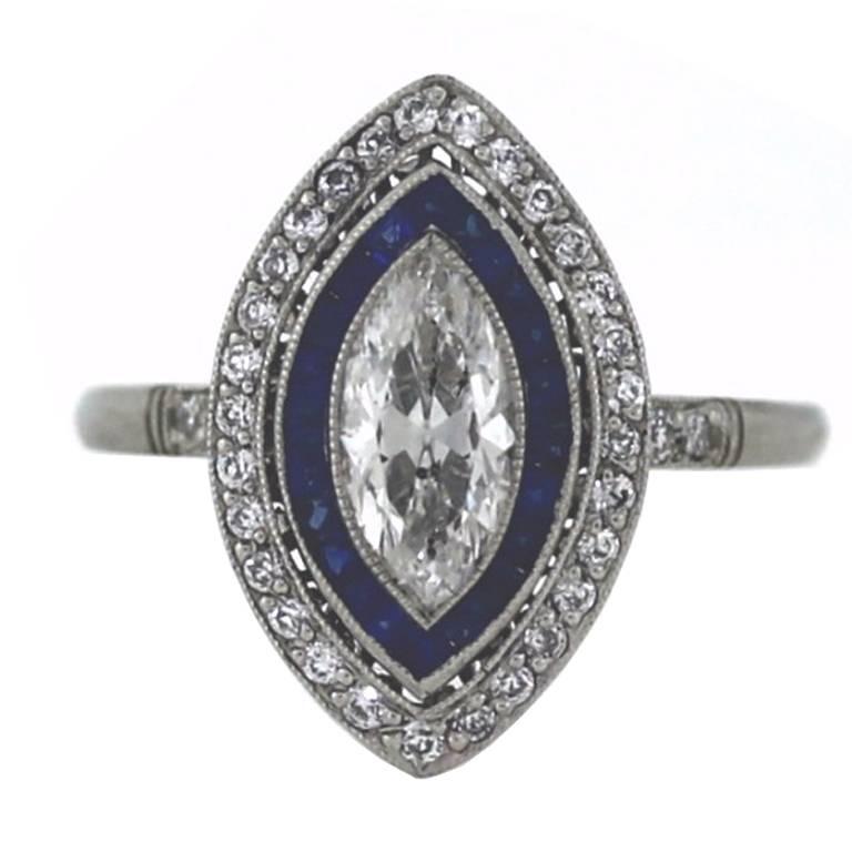  Marquise Old European Diamonds Sapphires Platinum Ring