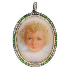 Antique Miniature Emerald Diamond Gold Portrait Pendant 9