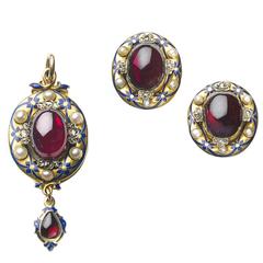 Victorian Enamel Garnet Pearl Diamond Gold Earrings and Pendant Suite 2