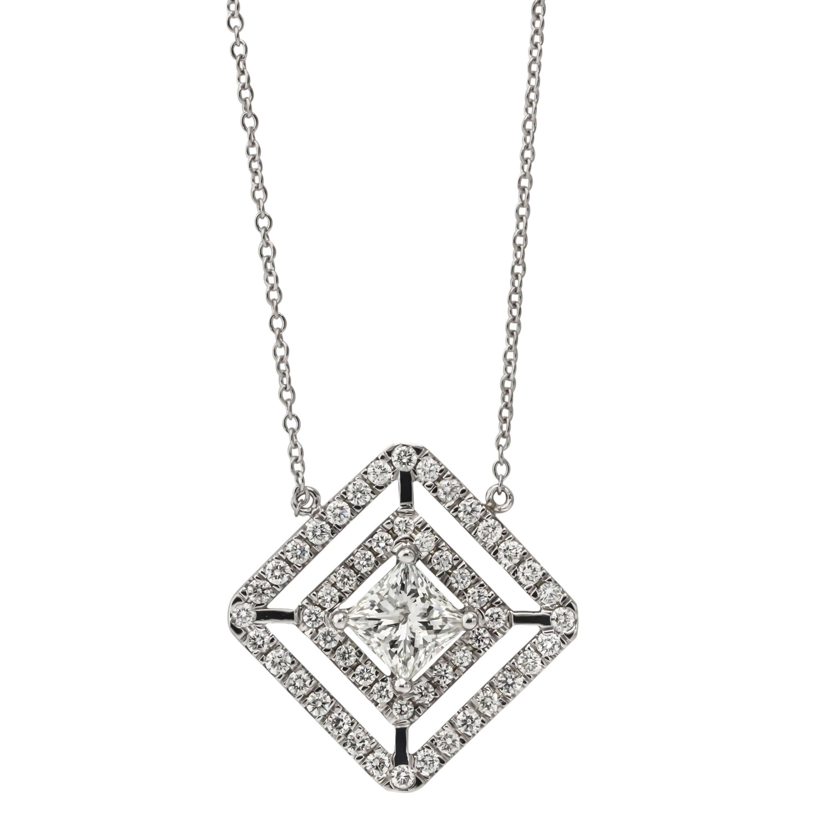 1.54 Carat. Double Halo Diamond Gold Necklace For Sale