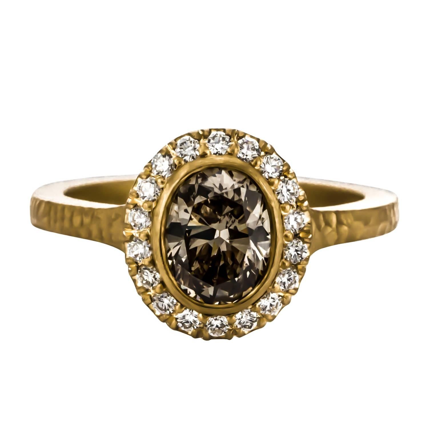 One of a Kind Brown and White Diamond Gold Halo Ring