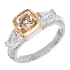 1.41 Carat GIA Cert Brown Yellow Cushion Diamond Gold Platinum Engagement Ring 2