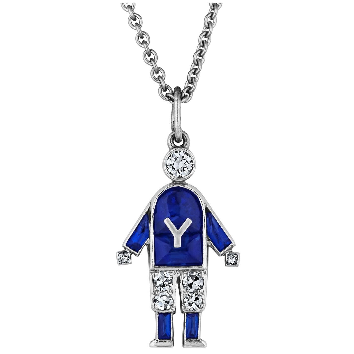 Art Deco Sapphire Diamond Platinum Yale Pendant