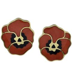 1980s Coral Black Jade Gold Pansy Flower Earclips