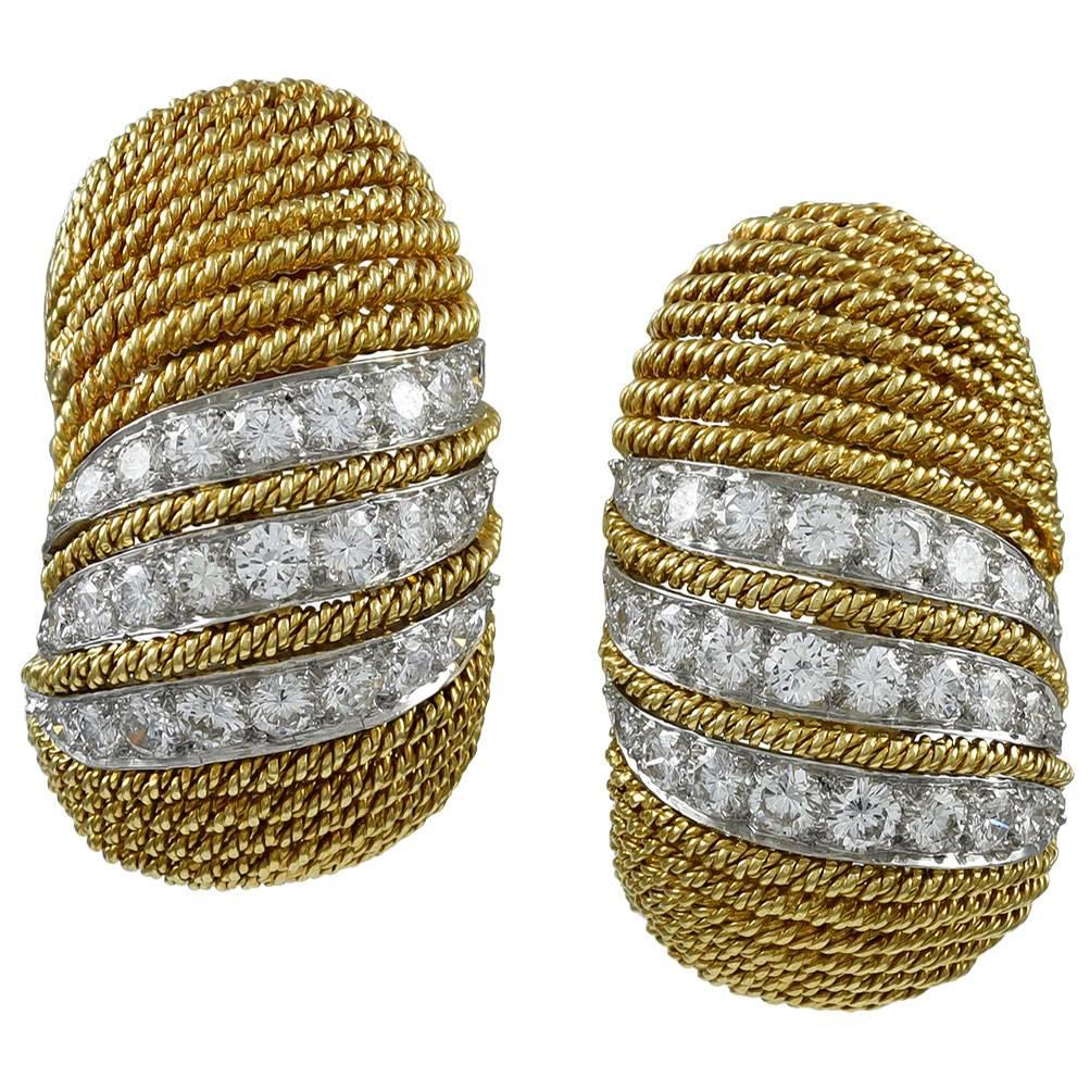 1960s David Webb Diamond Gold Half Hoop Earclips For Sale