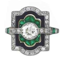 Onyx Emerald Diamond Platinum Ring