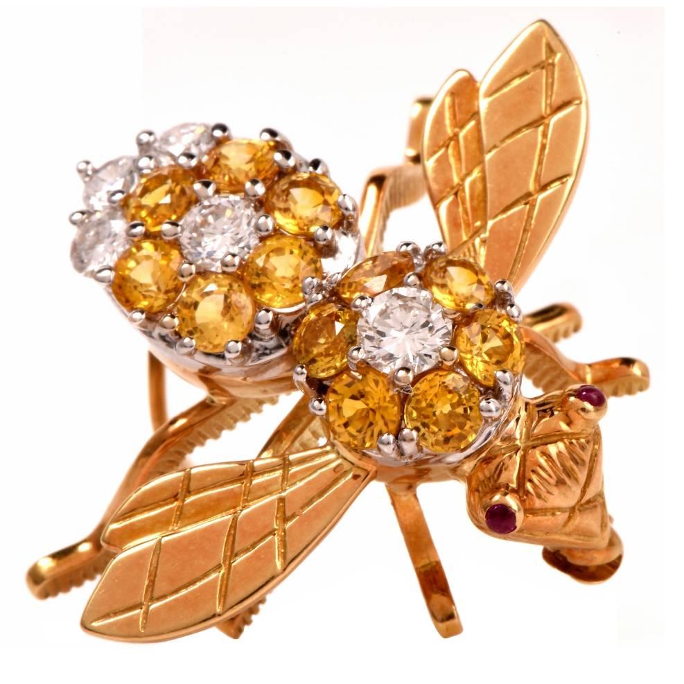 2.05 Carats Diamonds Gold Bumble Bee Brooch 