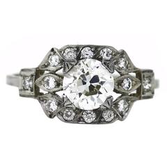Art Deco 1.24 Carat Old European Cut Diamond Platinum Ring 10