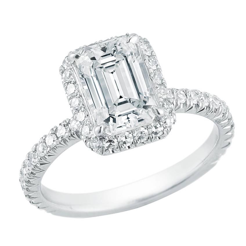 Marisa Perry Micro Pave Emerald Cut Halo Diamond Engagement Ring in Platinum For Sale