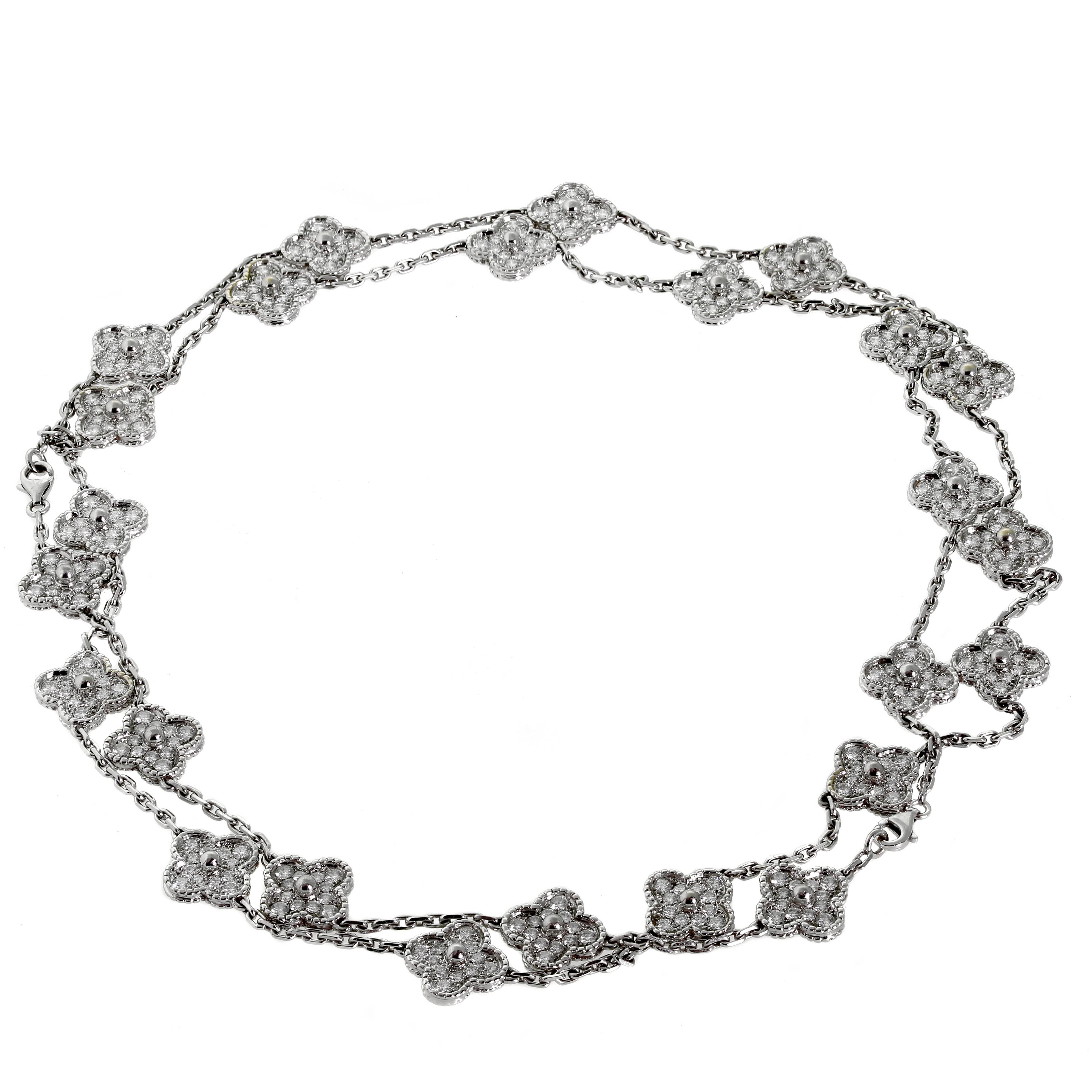 Van Cleef & Arpels 20 motif “Alhambra” diamond necklace set with 12.57 carats of DEF / IF-VVS diamonds total set in 18k white Gold, accompanied with a 5 motif diamond bracelet.

Necklace Length: 31.5″
Bracelet Length: 7.5″

Accessories: Van