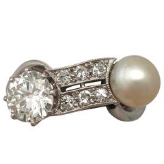 1940s Pearl and 1.34 Carat Diamond, 18k White Gold Dress Ring 10