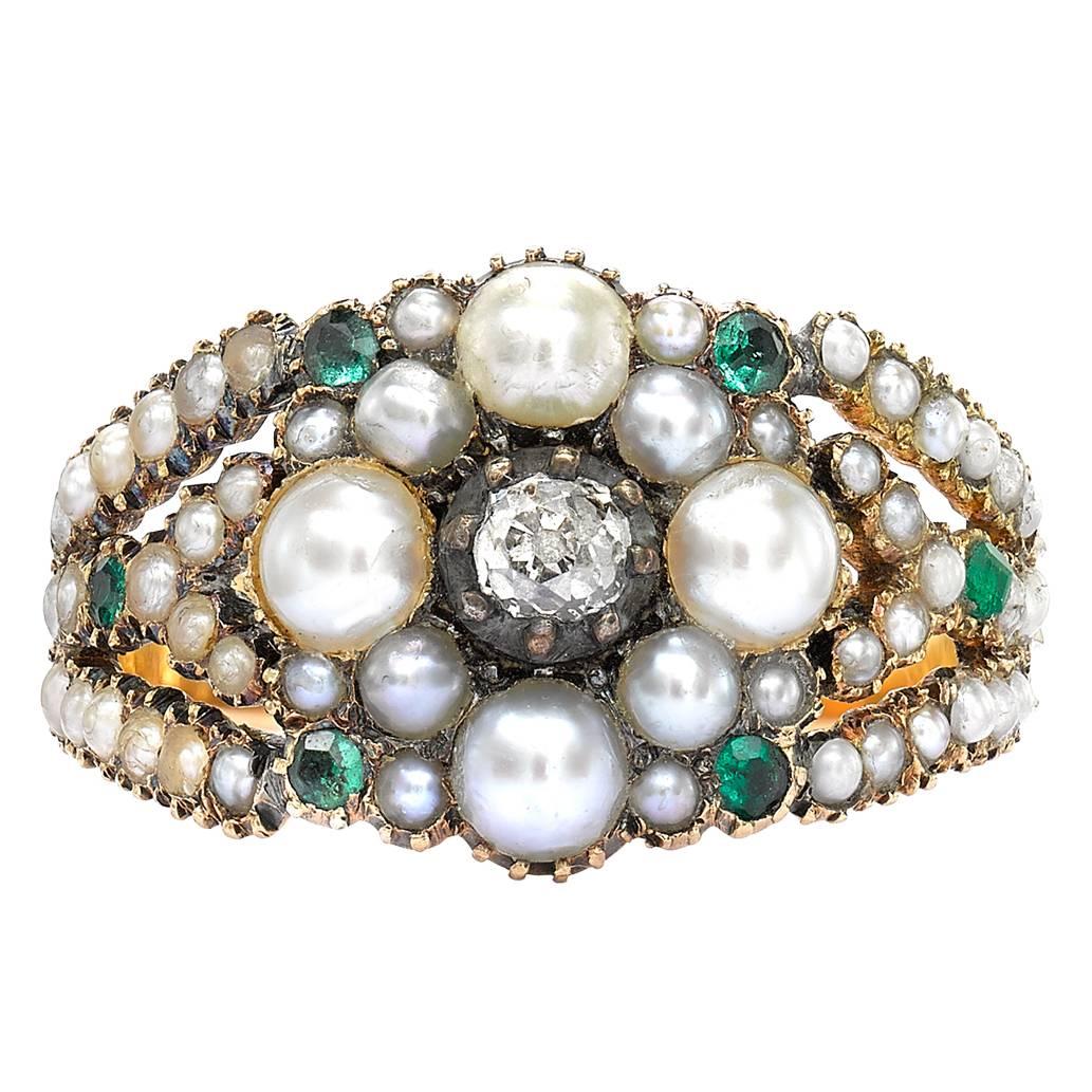 Yellow Gold Pearl, Emerald and Diamond set Fancy Ring For Sale
