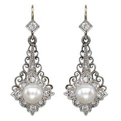 Retro Platinum and Yellow Gold Pearl and Diamond Earrings