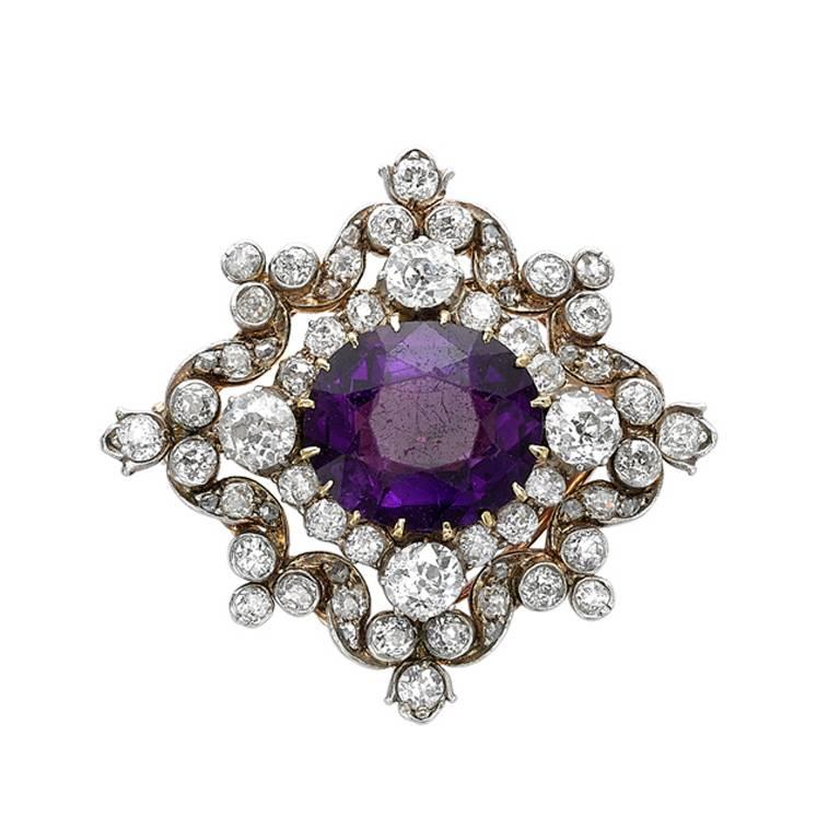 Yellow and White Gold Amethyst and Diamond Pendant/Brooch