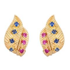 1950s Van Cleef & Arpels Ruby Sapphire Gold Leaf Ear Clips