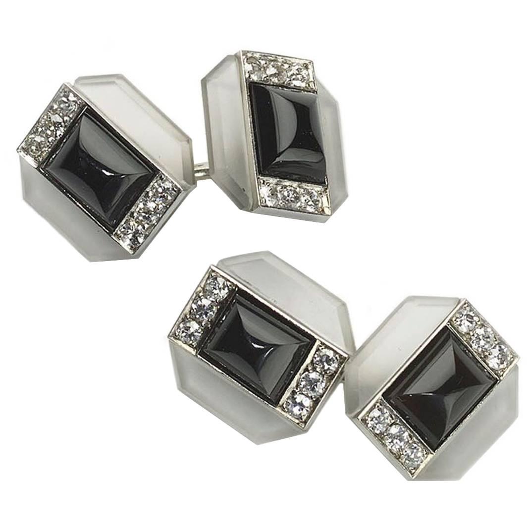 Art Deco Rock Crystal Black Onyx Diamond Gold Cufflinks