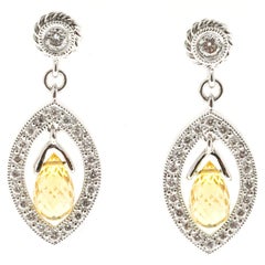 Yellow Sapphire Briolette Pave Diamond Gold Dangle Earrings
