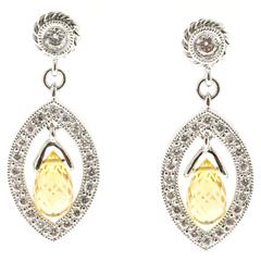 Yellow Sapphire Briolette Pave Diamond Gold Dangle Earrings 3