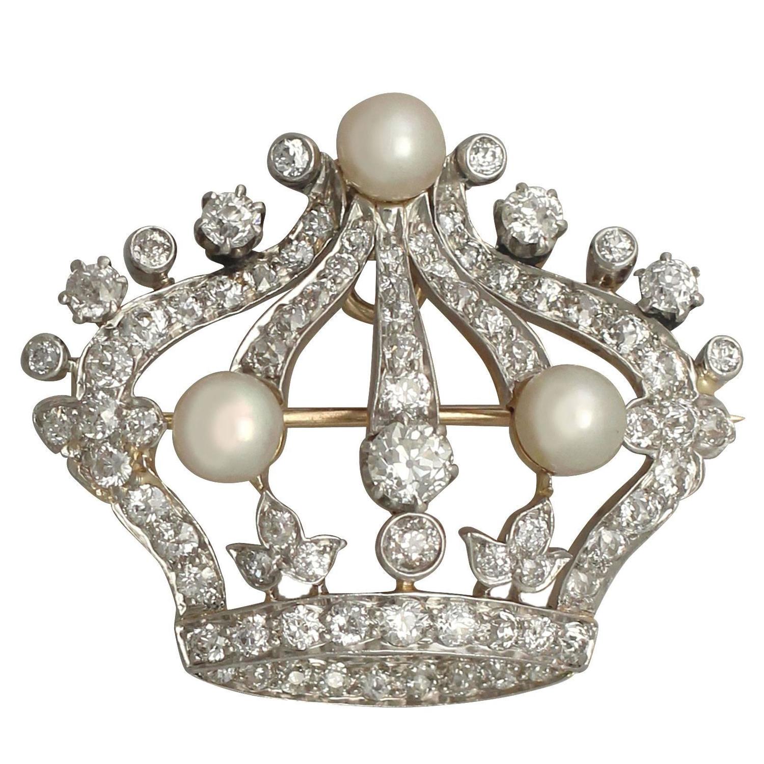 Pearl and 2.63 Carat Diamond, 14k Yellow Gold 'Crown' Brooch For Sale