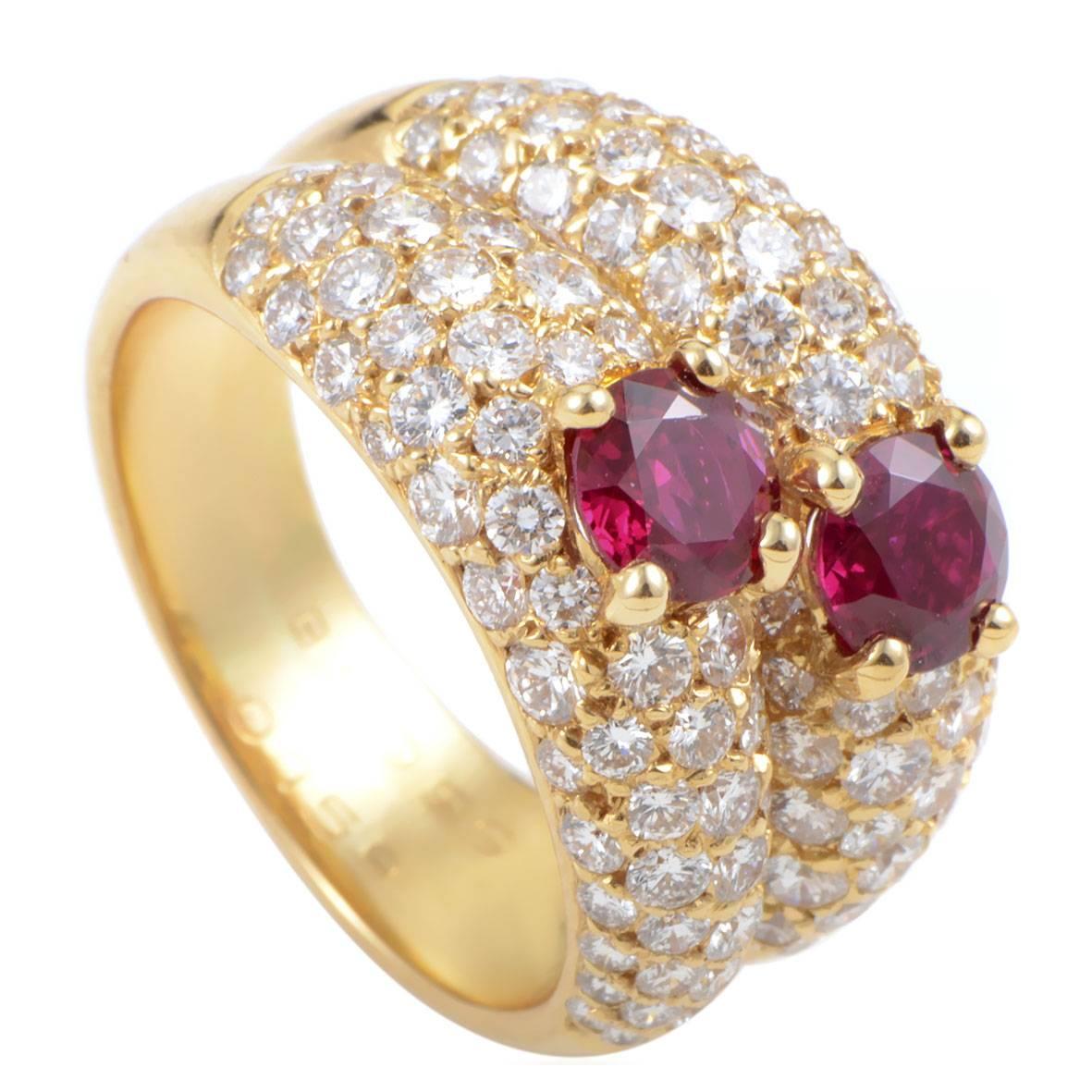 Van Cleef and Arpels Ruby Diamond Pave Gold Double Band Ring at 1stDibs