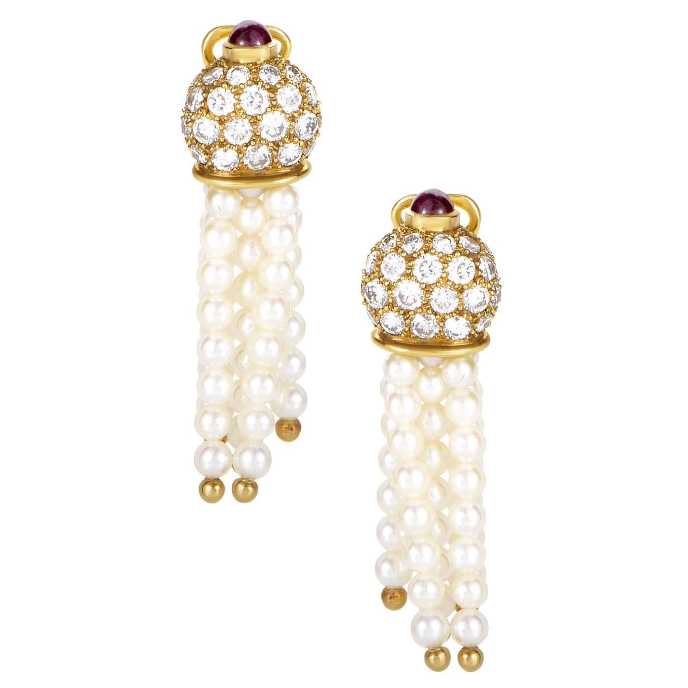 Dior Precious Gemstone Pearl Gold Dangle Earrings