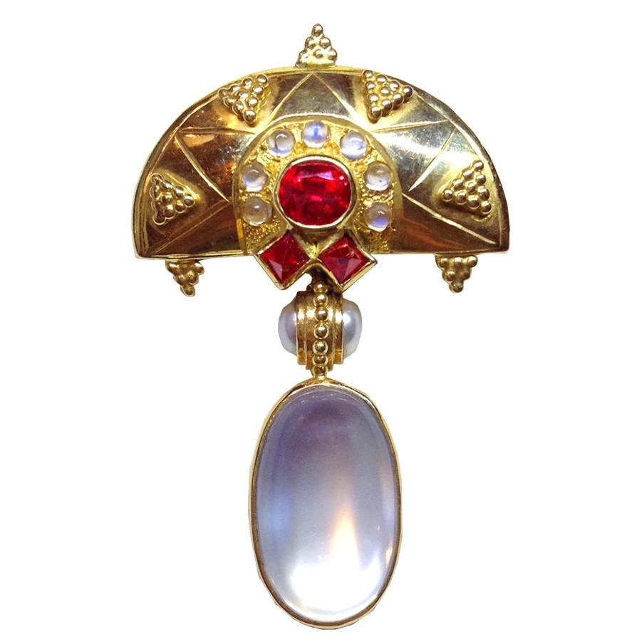 Crevoshay Handcrafted Pearl Moonstone Spinel Pendant in Gold For Sale