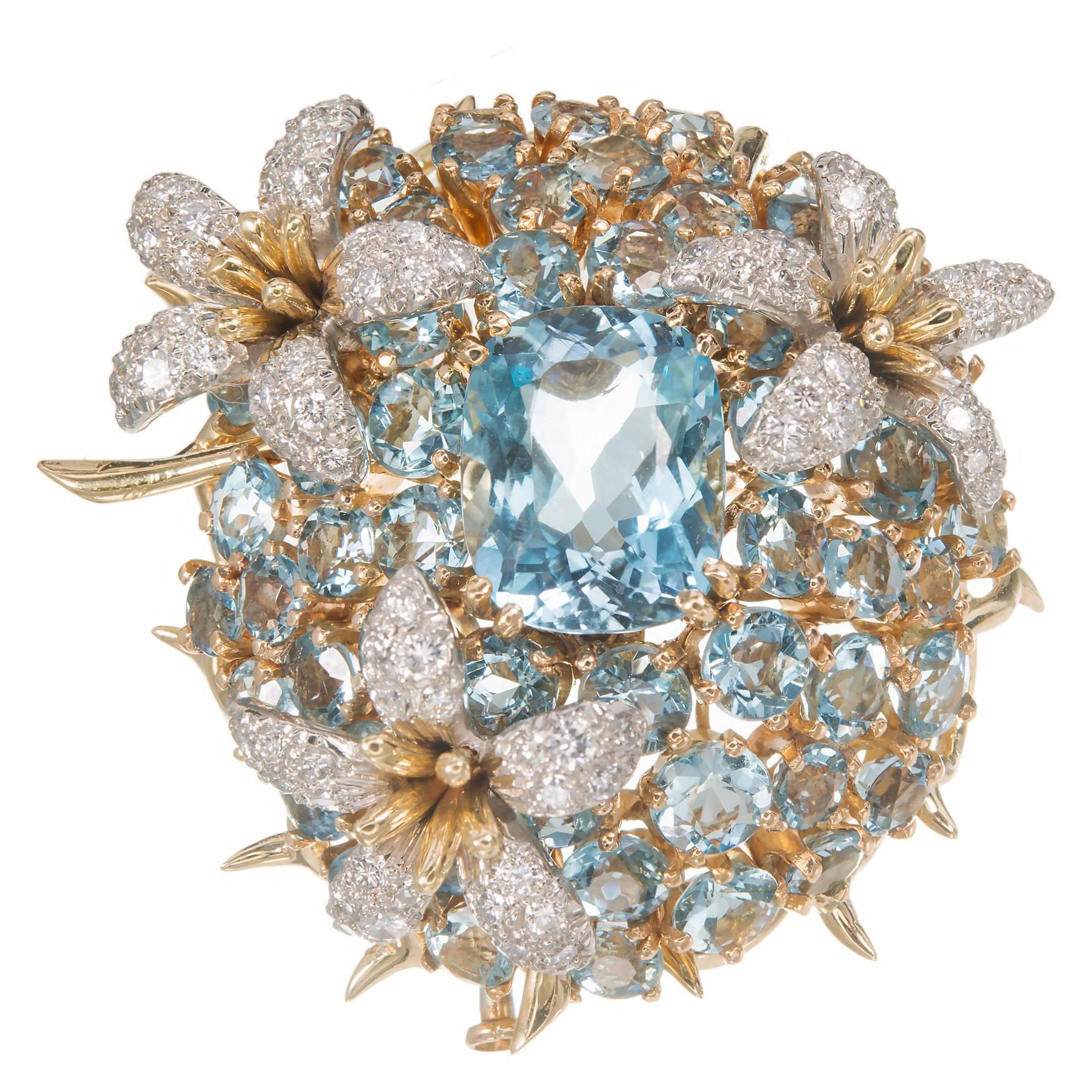 Tiffany & Co. Schlumberger Aquamarine Diamond Gold Floral "Cousins" Brooch