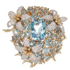 Tiffany & Co. Schlumberger Aquamarine Diamond Gold Floral "Cousins" Pin 12