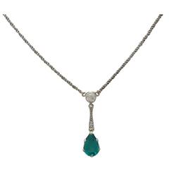 1940s 0.82 Carat Emerald and 0.16 Carat Diamond Platinum Pendant