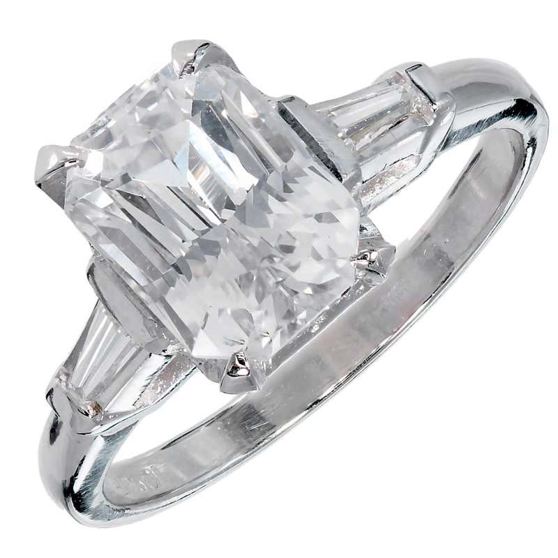 Natural White Sapphire Diamond Platinum Engagement Ring For Sale at