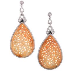 Carved Orange Jade Onyx Diamond Platinum Drop Earrings