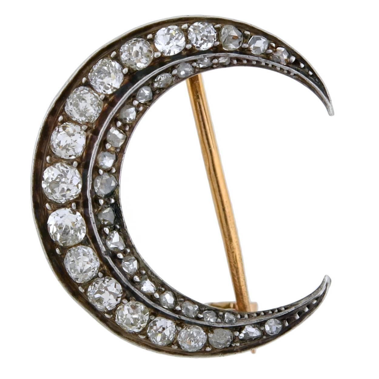 Victorian French 1.50 Carats Diamonds Crescent Pin and Pendant 