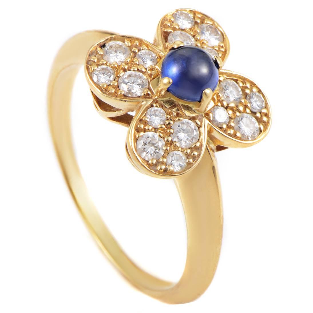 Van Cleef & Arpels Trefle Sapphire Diamond Gold Flower Ring