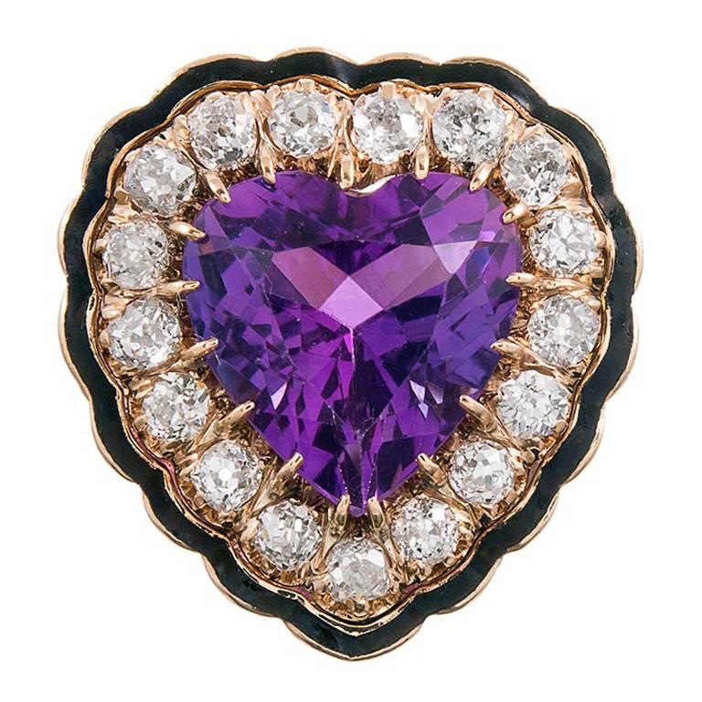 1910s Heart Shaped Amethyst Enamel Diamond Gold Ring