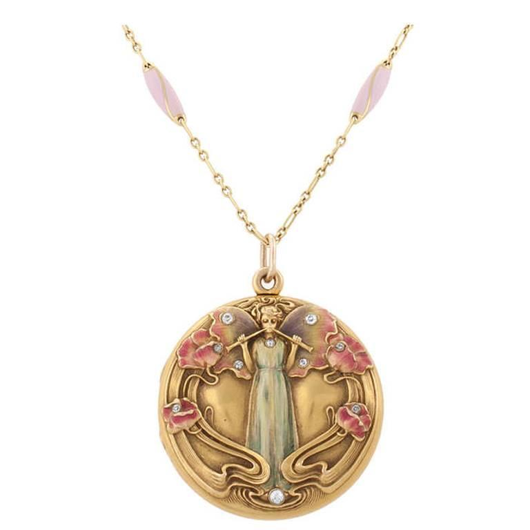 Art Nouveau Angel Gabriel Locket, ca. 1900, offered by Macklowe Gallery Jewelry