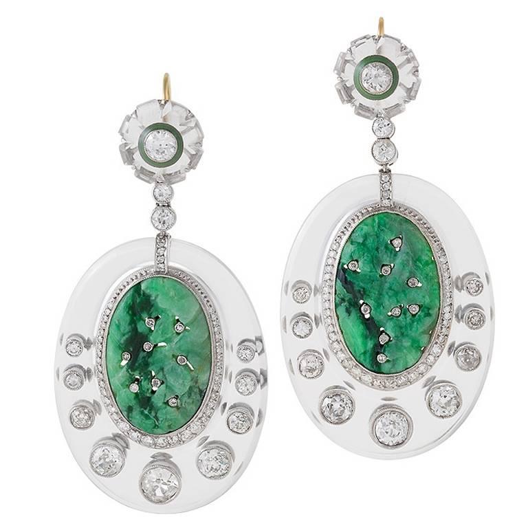 1930's Art Deco Crystal, Jade, Diamond and Platinum Earrings