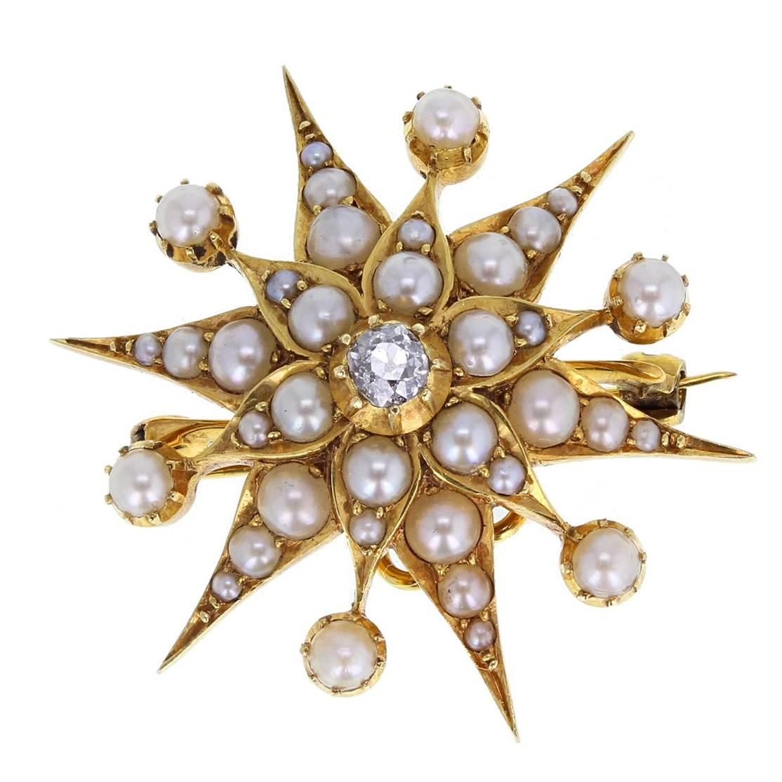 Antique Starburst Pearl Diamond Gold Brooch For Sale