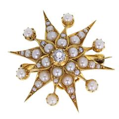 Antique Starburst Pearl Diamond Gold Brooch 11