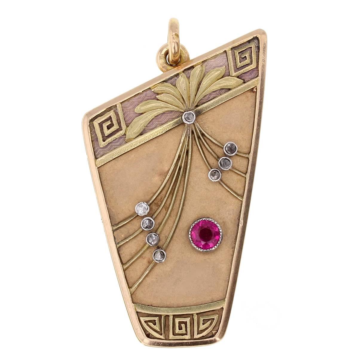 Russian Enamel Ruby Diamond Gold Locket Pendant For Sale