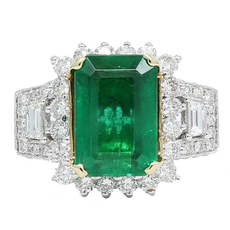 6.65 Carat Emerald Diamond Two Color Gold Ring For Sale