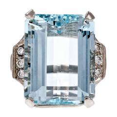 Vintage 1950s Natural Aquamarine Diamond Platinum Ring