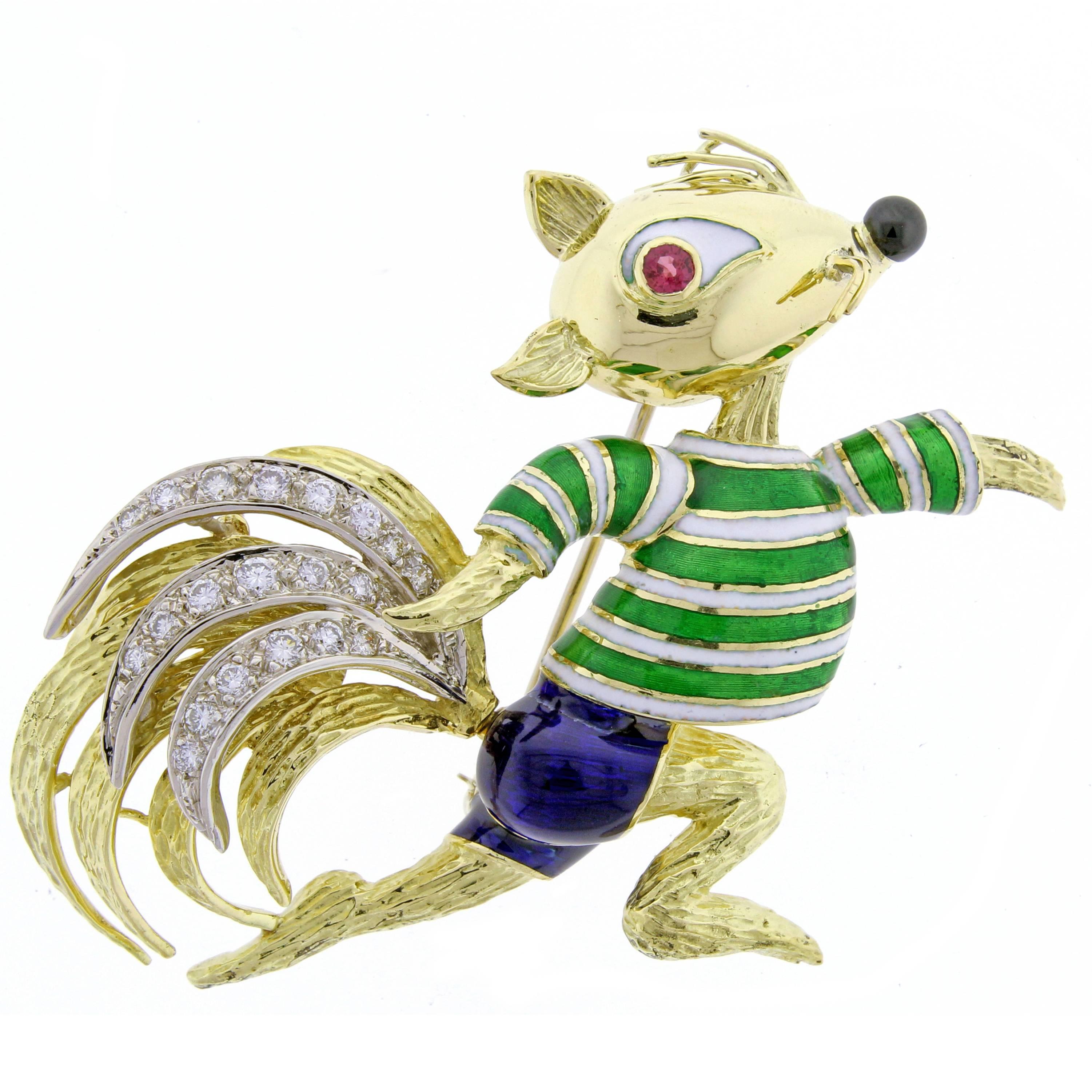 Tiffany & Co. Donald Claflin Enamel Gold Squirrel Brooch