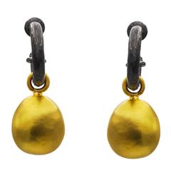 Gold Hammered Droplets on Oxidized Hoop Earrings