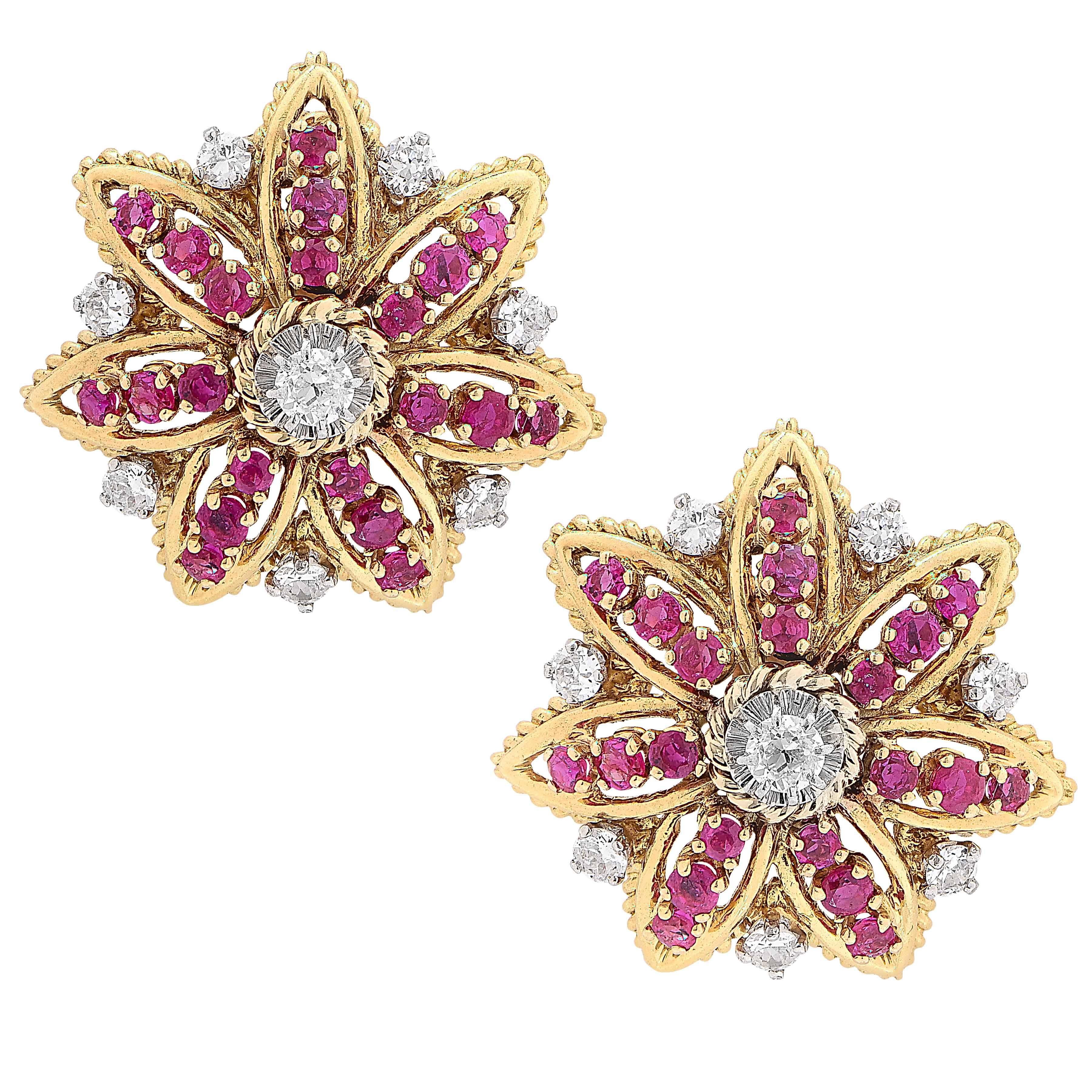 1970s French Ruby Diamond Flower Ear Clips 